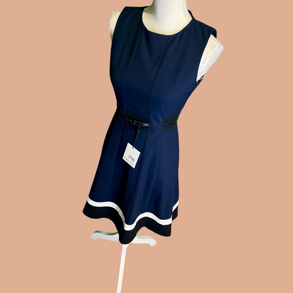 NWT Calvin Klein Fit & Flare Colorblock Belted Dress in Navy Blue & Black Stripe - Picture 7 of 16